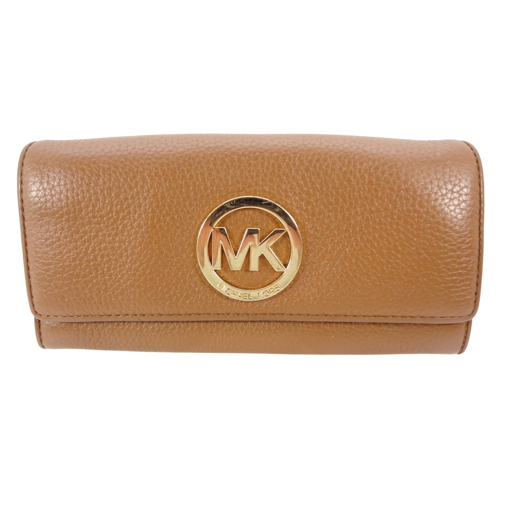 Michael Kors Fulton Flap Wallet Luggage Brown Pebbled Leather Gold MK Logo - Picture 1 of 7
